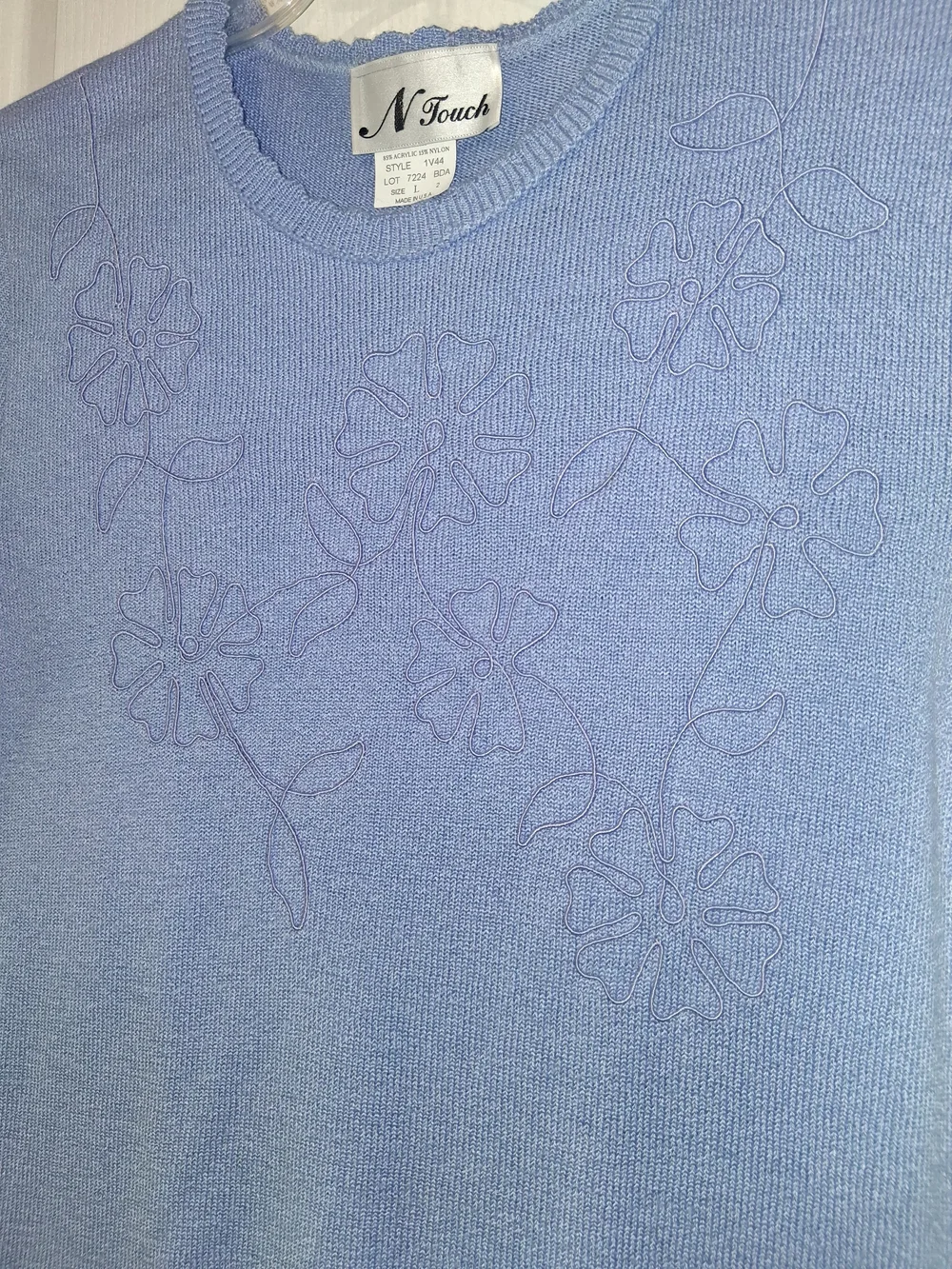 N Touch Lavender Short-Sleeve Knit Top with Floral Embroidery